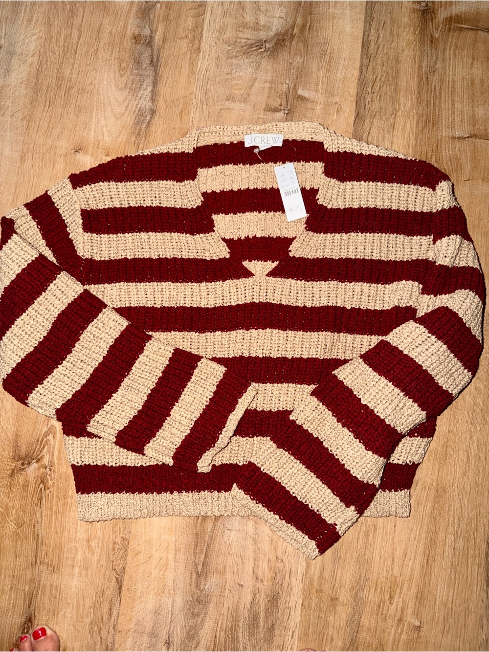 J. Crew Burgundy and Cream Striped V-Neck Sweater